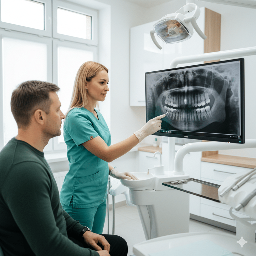 диагностика зубов в Варшаве, стоматолог DentU Clinic показывает пациенту рентген и составляет план лечения