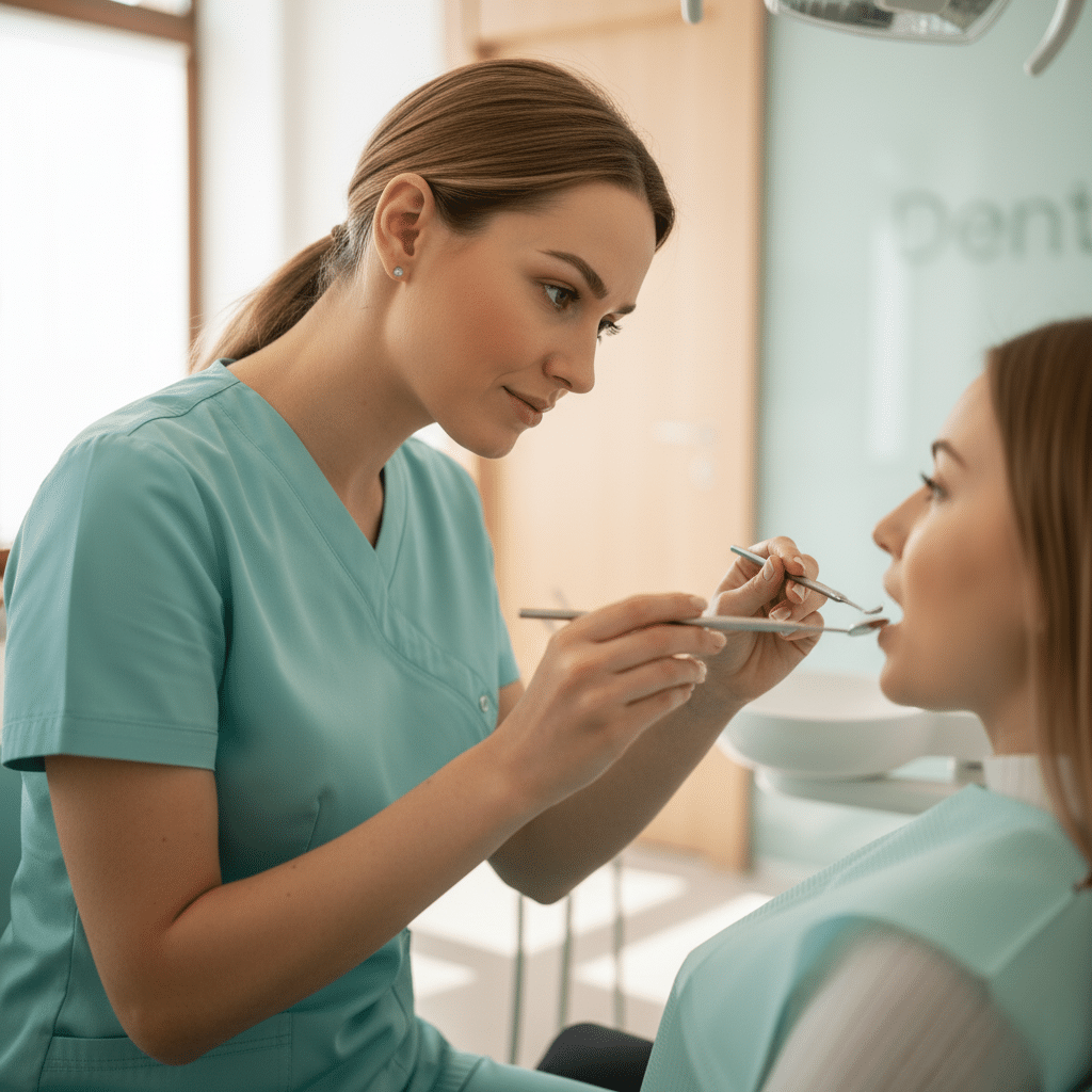 Огляд зубів українським стоматологом у Варшаві, спокійна атмосфера прийому.